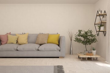 White living room with sofa. Scandinavian interior design. 3D illustration