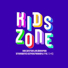 Kids playful font, 3d child alphabet, multicolored bright letters and numbers, vector illustration 10eps