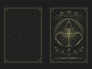 Zodiac Sagittarius Horoscope Card Golden Outline Style with Triangle, Stars and Circle in Chain Rectangular Frame and Diamond at four Corners with the Name inside Vector Graphic Design Template