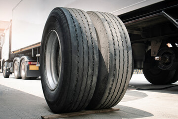 A Big Truck Wheels and Tires. Truck Spare Wheels Tyre Waiting For to Change. Trailer Maintenace and Repairing.
