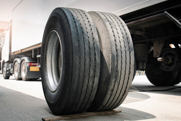 A Big Truck Wheels and Tires. Truck Spare Wheels Tyre Waiting For to Change. Trailer Maintenace and...