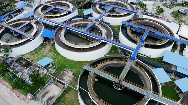 4K Aerial drone top down view clarifier sedimentation tank. Aerial view Water treatment plant. Top view of recirculation solid contact clarifier sedimentation tank