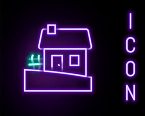 Obraz premium Glowing neon line Old Ukrainian house hut icon isolated on black background. Traditional village house. Colorful outline concept. Vector