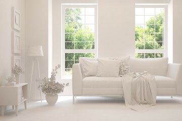 White living room with sofa and summer landscape in window. Scandinavian interior design. 3D illustration