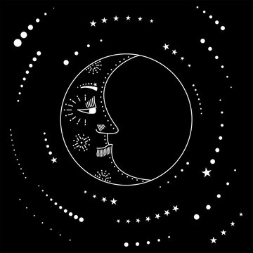 Moon and stars. Poster for astrology, divination, magic. Esoteric vector illustration, isolated on a black background.
