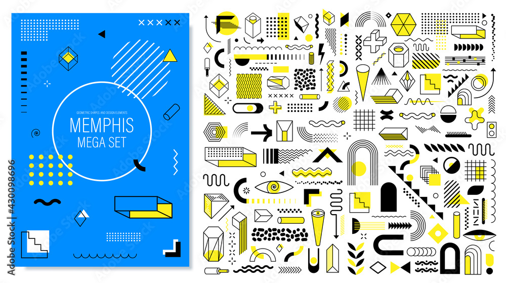 Poster mega memphis set of abstract trendy geometric shapes and design elements with bright yellow color fo