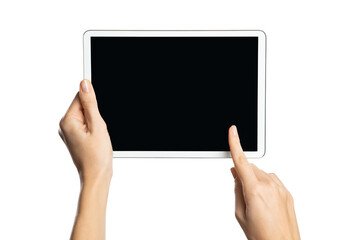 Woman hands using digital tablet with empty screen