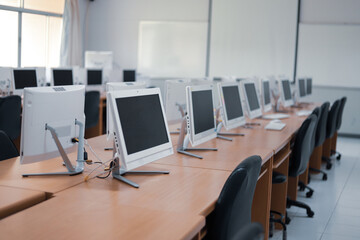 The computer lab is empty at the university.