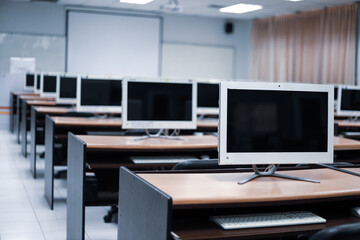 The computer lab is empty at the university.