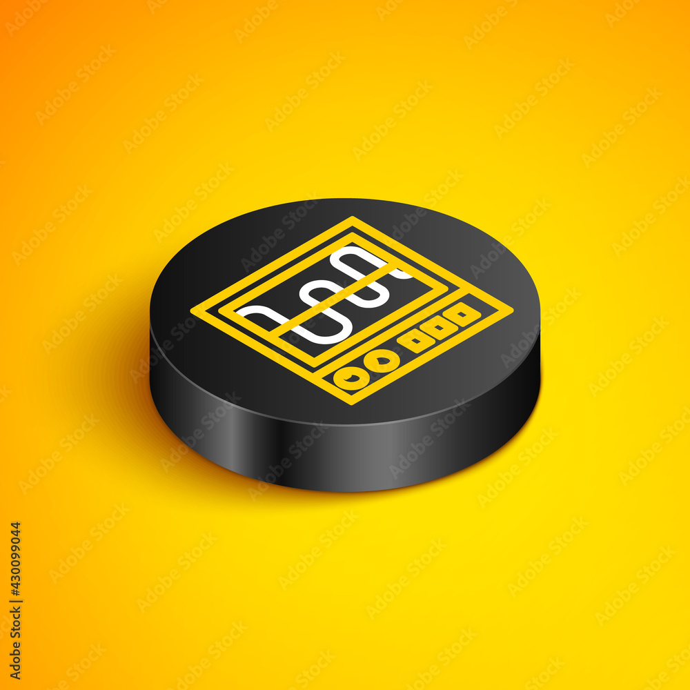 Poster isometric line oscilloscope measurement signal wave icon isolated on yellow background. black circle