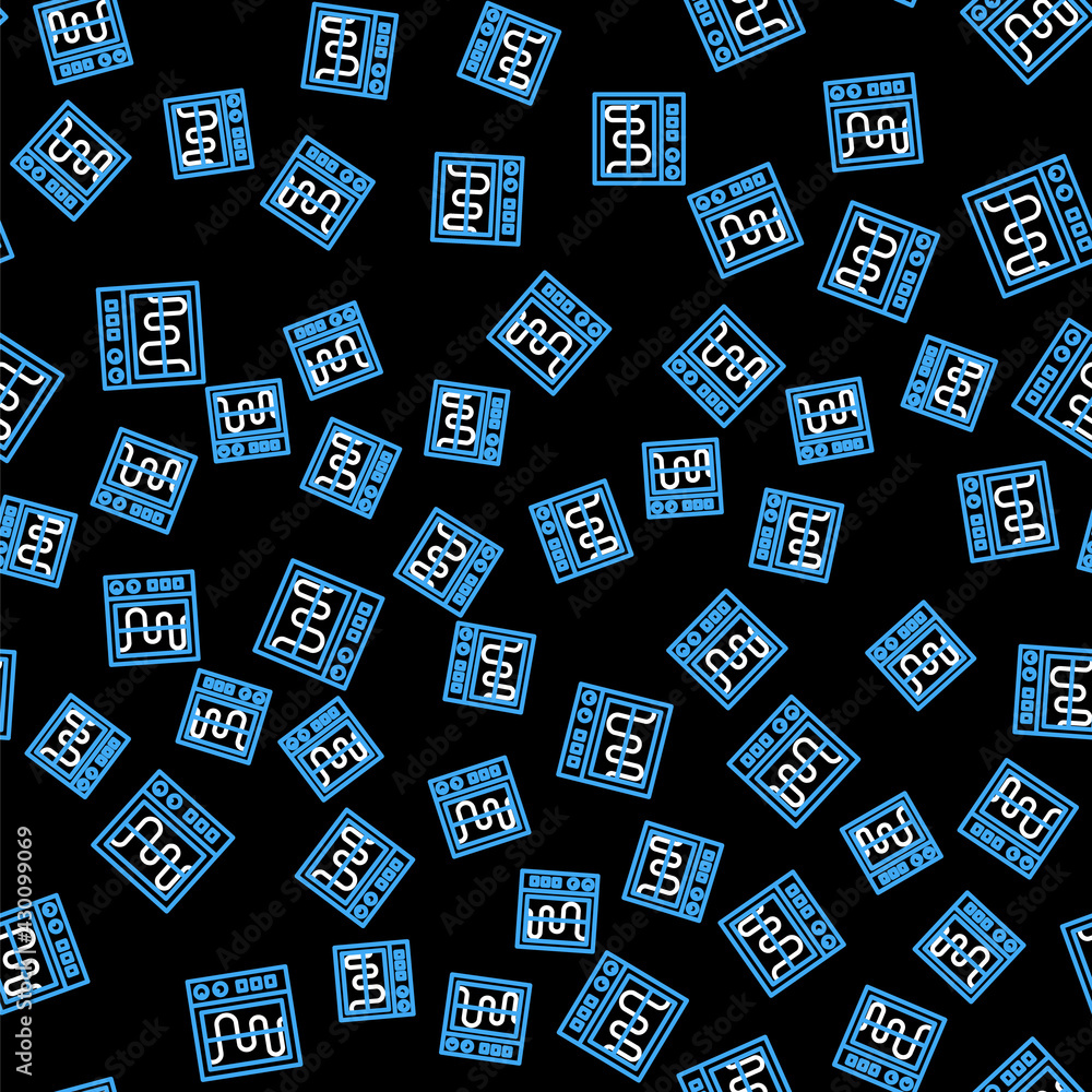 Poster line oscilloscope measurement signal wave icon isolated seamless pattern on black background. vector