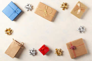 Gift Wrapping. A bright background with packaging accessories and gifts. Creative composition....