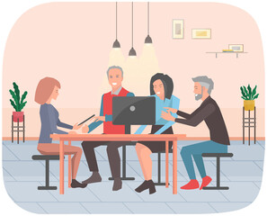 Office staff, work and communication. Head and subordinates. Various workers, managers team. Business employees on their workspace. Office workers. Co-workers. Colleagues discuss project teamwork