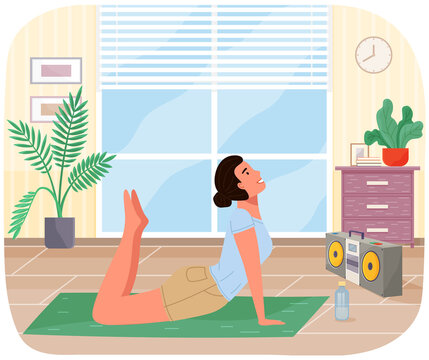 Young girl working out doing exercises at home. Girl doing yoga on mat. Sportswoman stretches in apartment. Yogi performs physical exercise with music on record player. Healthy lifestyle and sport
