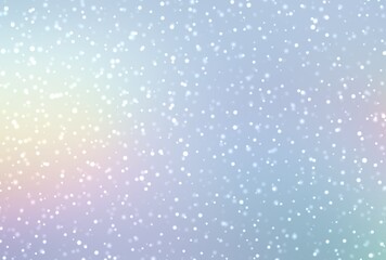 Wonderful winter iridescent light blue pink blurred textured background with falling fluffy snowflakes. Fantasy festive decorative abstract illustration.