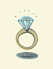 A ring with a diamond. Hand-drawn doodle color vector illustration.