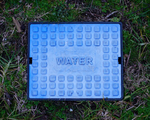Obraz premium A blue water utility company hatch in a lawn.