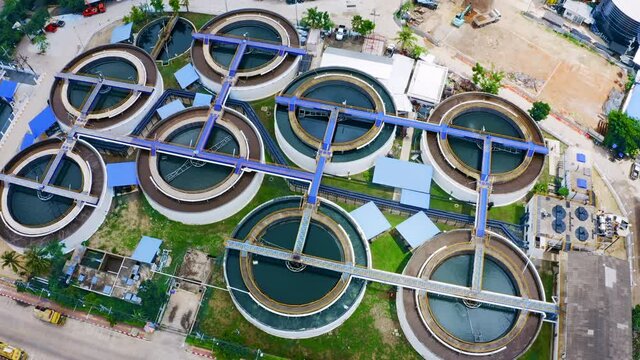 4K Aerial drone top down view clarifier sedimentation tank. Aerial view Water treatment plant. Top view of recirculation solid contact clarifier sedimentation tank