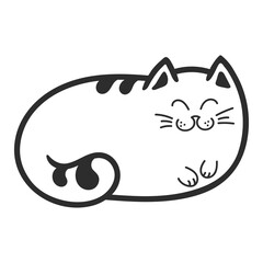 A cat lying on its stomach with narrowed eyes. Hand-drawn cat character. Outline. Isolated on a white background.