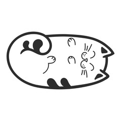 A cat lying on its back, a playful cat. Hand-drawn cat character. Outline. Isolated on a white background.