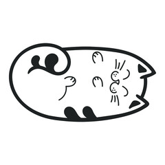 A cat lying on its back, a playful cat. Hand-drawn cat character. Outline. Isolated on a white background.