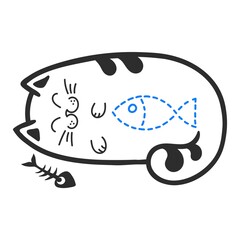 A cat lying on its side, a cat that has eaten a fish. The skeleton of a fish. Hand-drawn cat character. Outline. Isolated on a white background.