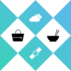 Set Handbag, Wrist watch, Cloud and Bowl with chopsticks icon. Vector