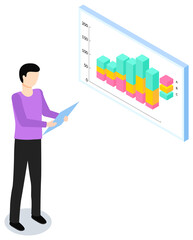 Man study statistics on background. Analyze graphs and charts concept. Guy working with data. Male character while looking at graph growth dynamics. Indicators shown on diagram vector illustration