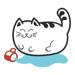 The cat lying on its stomach in a puddle, the cat knocked over the mug. Hand-drawn cat character. Outline. Isolated on a white background.