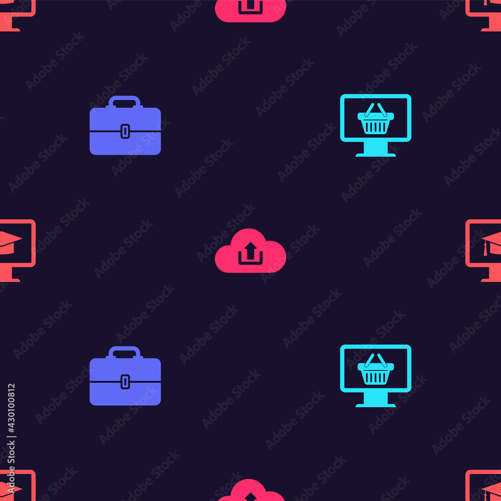 Poster set monitor with shopping basket, toolbox, cloud upload and graduation cap on seamless pattern. vect