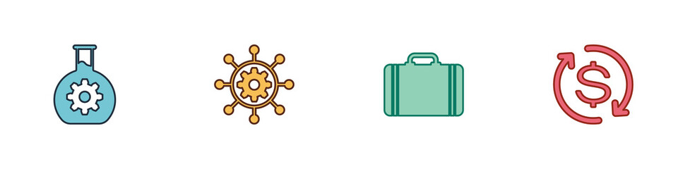 Set Bioengineering, Project management, Suitcase for travel and Return of investment icon. Vector
