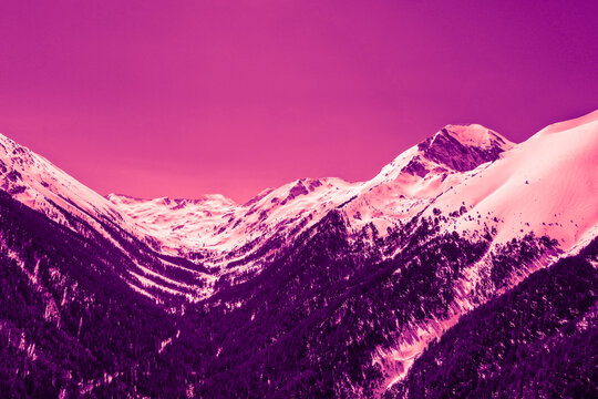 Beautiful mystic mountains sunset landscape. Mystical alpine morning, sunrise in violet and pink colors.