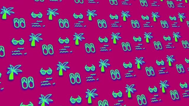 background of bright neon glowing elements, seamless wallpaper of symbols and icons moving from left to right,
symbols icons with neon outline: vacation in warm countries by the sea