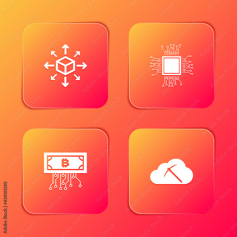 Poster set distribution, processor, cryptocurrency bitcoin with circuit and cloud mining icon. vector
