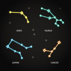 Neon zodiac constellation symbols collection on dark background