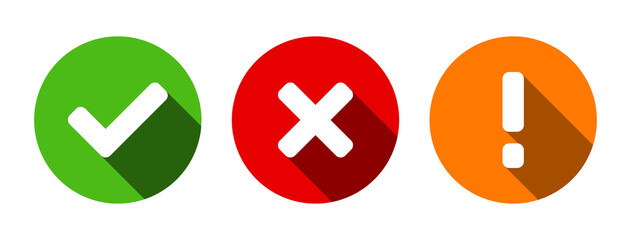 Green Yes or OK Red No or Declined Orange Problem or Warning Icon Set with Check Mark X Cross and Exclamation Mark Symbols in Circles with Rounded Corners and Shadow. Vector Image. © Kagan Kaya