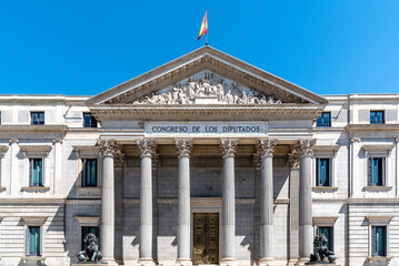 Congress of Deputies of Spain in Carrera of San Jeronimo in Madrid. Main facade. Also known as Las Cortes is the seat of the Spanish Parliament