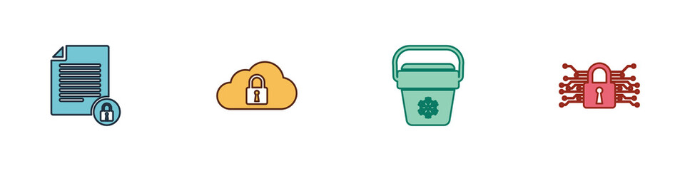 Set Document and lock, Cloud computing, Cooler bag and Cyber security icon. Vector