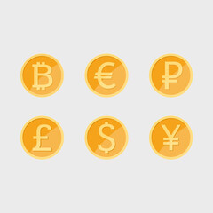 Set of coins flat design on the isolated white background. Bitcoin, dollar, euro, pound sterling, yuan, rouble