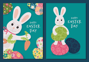 Easter Bunny, eggs and carrot in a hand draw style - set of cards. Happy easter day.
Greeting card, banner, poster, flyer with a bunny. 