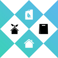 Set Eco friendly house, House, Bio fuel canister and Shopping bag icon. Vector