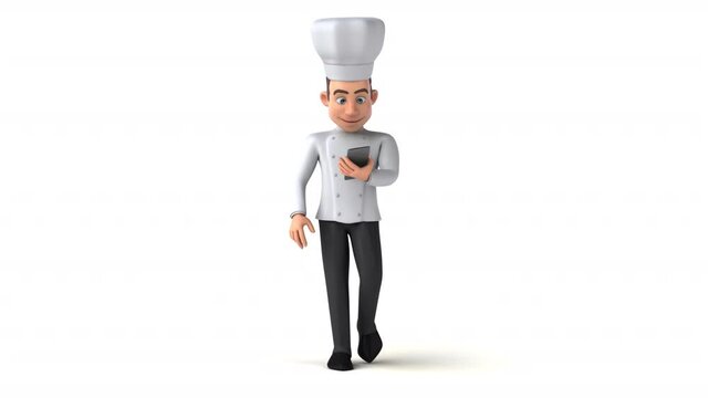 Fun 3D cartoon chef walking with a smartphone