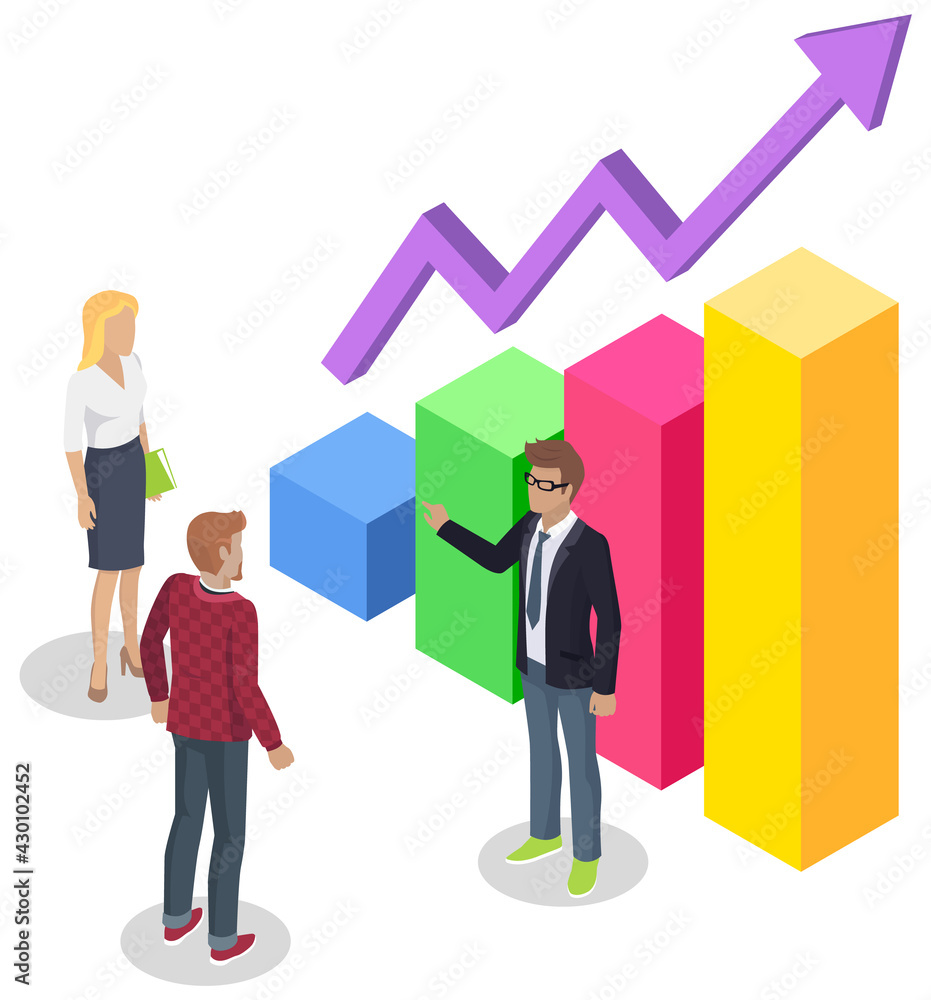 Poster People study statistics shown on bar chart. Analyze diagrams and charts concept. Colleagues working with data and discuss. Characters while analysing statistical graph. Profit graph growth with arrow