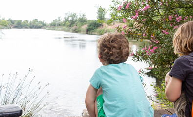 Children looking at the scenery in a lake, brothers spending the day in nature
