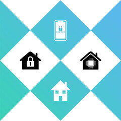 Set House under protection, , Mobile and password and Smart home icon. Vector