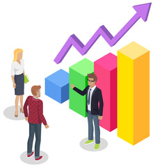 People study statistics shown on bar chart. Analyze diagrams and charts concept. Colleagues working with data and discuss. Characters while analysing statistical graph. Profit graph growth with arrow