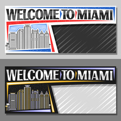 Vector layouts for Miami with copy space, decorative voucher with outline illustration of miami city scape on day and nighttime sky background, art design tourist coupon with words welcome to miami.