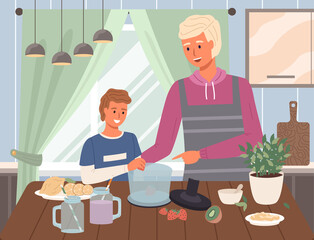 Male characters preparing smoothie in blender. Proper nutrition, healthy lifestyle and vegetarianism concept. Process of cooking vegetarian drink. Family in kitchen preparing fruit cocktail