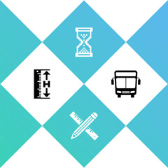 Set Measuring height and length, Crossed ruler pencil, Hourglass pixel and Bus icon. Vector