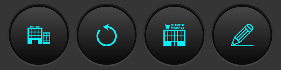 Set Hotel building, Refresh, Supermarket and Pencil and line icon. Vector